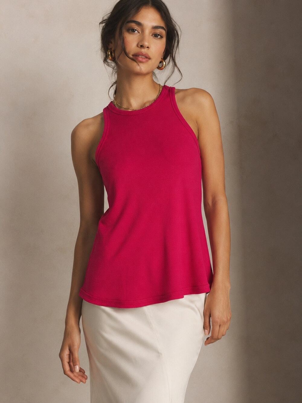 FREE PEOPLE Ribbed Flowy High Neck Racerback Tank Top Tunic Dark Pink Size XS